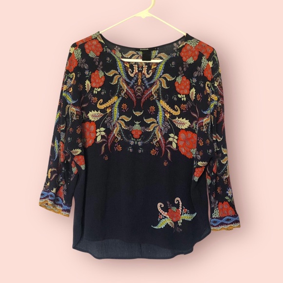 DESIGUAL Bohemian Floral Paisley 3D print Small Top Blouse 3/4 sleeve Black - Picture 10 of 13